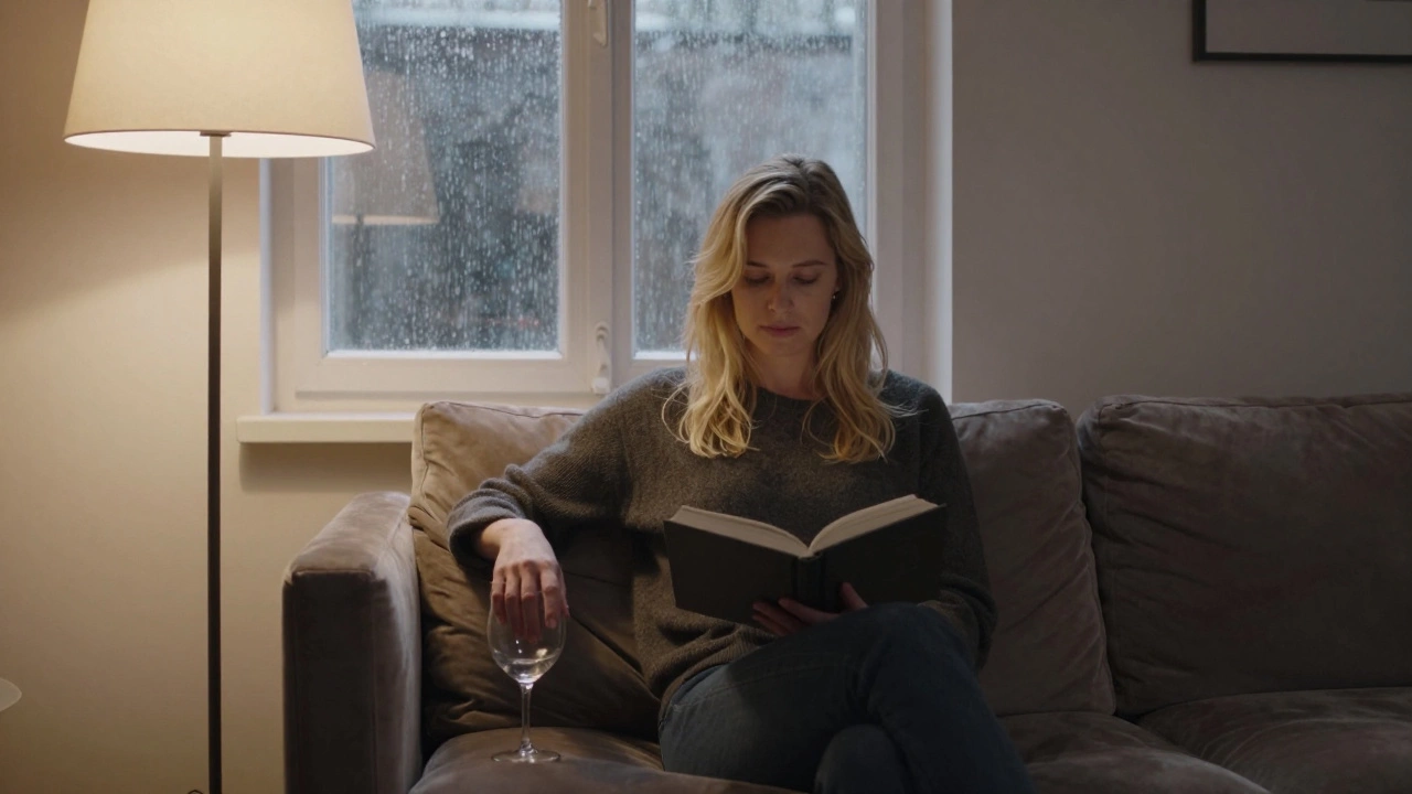A blonde woman sits quietly on a velvet sofa in a softly lit apartment, holding a book.