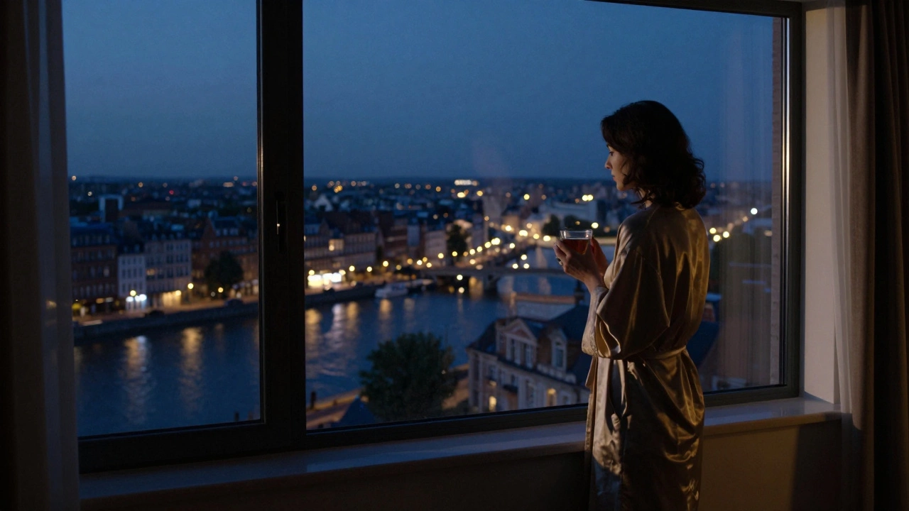 Silhouette of a woman at a window in Lille, city lights glowing softly in the night.