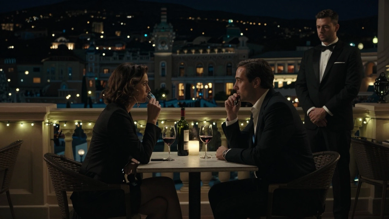 Two people share wine on a quiet Monte Carlo terrace at 3 a.m., bathed in string lights, surrounded by stillness and unspoken connection.